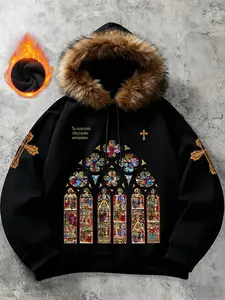 Viral Sherpa Lined Thick Casual Hoodie | Ultra-Warm Faux Fur Trim Hooded Jacket | Vintage Stained Glass Church Graphic Print | Oversize Winter Streetwear Trend
