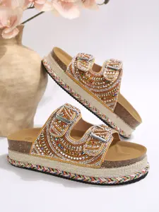 New Bohemian Stylish Fashion Rhinestone Thick Sole Sandals for Women, Dual Buckle Soft Wood Bottom Ethnic Style Beach Slippers Summer