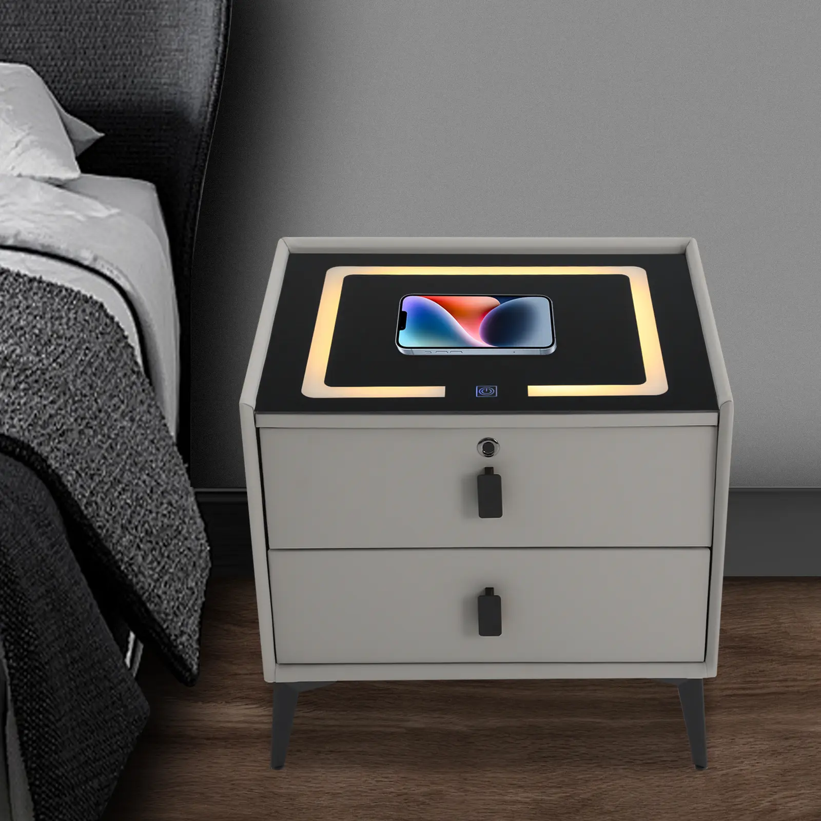 2026 Viral Smart Bedside Cabinet - Wireless Charging+Fingerprint Lock+Bluetooth Speaker 2-Drawer Storage for Dorm/Apartment, Modern Nightstand,summerwins