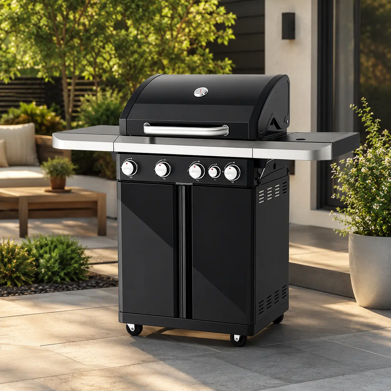 Black 4+1 Burner Portable  Grill Stove, Stainless Steel Patio BBQ with Side Burner, Porcelain-Enameled Cast Iron Grates, 50000 BTU, 570 Sq. In. Cooking Area, Electronic Ignition for Outdoor Backyard Barbecue & Grilling Outdoor Cooking Smokeless Pit 5 Gas,