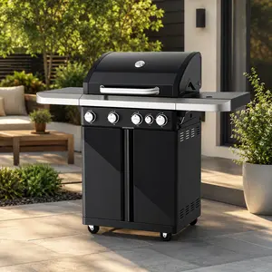 Black 4+1 Burner Portable Grill Stoves, Stainless Steel Patio BBQ Grill with Side Burner, Porcelain-Enameled Cast Iron Grates, 50000 BTU, 570 Sq. In. Cooking Area, Electronic Ignition for Outdoor Backyard Use Gas 5