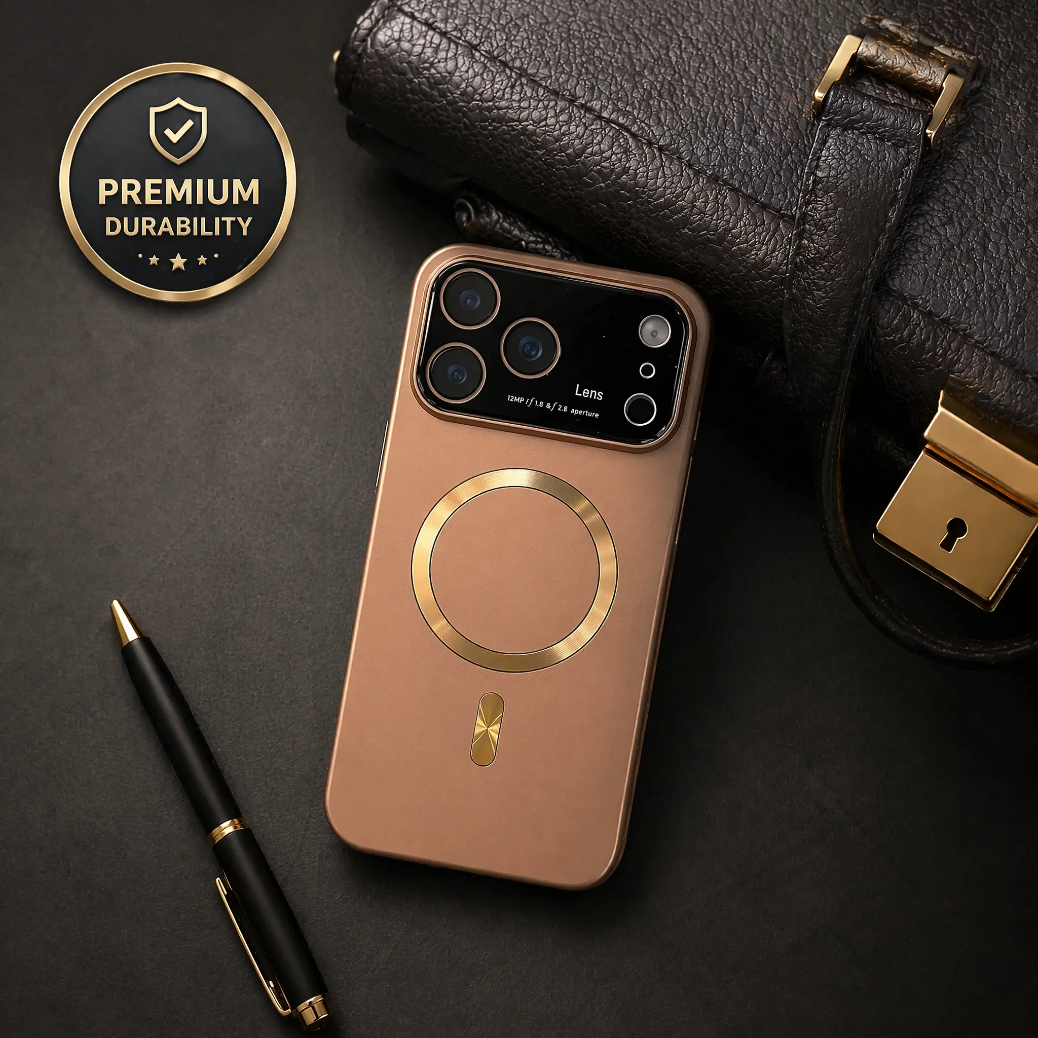 Matte Champagne Gold Aluminum Texture MagSafe Phone Case Compatible with Phone 17 Pro Max, Tempered Glass Camera Window Gold Electroplated Magnetic Ring Shockproof Protective Cover, Minimalist Neutral Business Luxury Slim Phone Case for Men Women