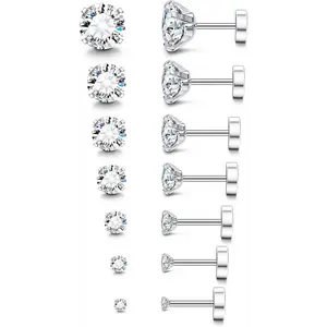 CASSIECA 20G Hypoallergenic Flat Back Earrings for Women Men Silver Stainless Steel Stud Earrings Brithstone Cubic Zirconia Studs Surgical Steel Cartilage Earrings for Sensitive Ears