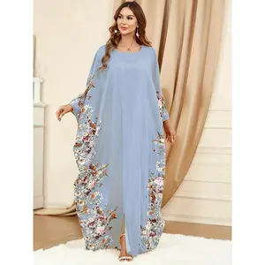 Floral Print Crew Neck Kaftan Abaya, Elegant Batwing Sleeve Split Maxi Dress, Women's Clothing