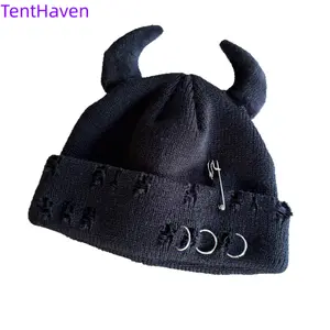 2026 Autumn/Winter Devil Horn Hat Warm Knitted Knitted Wool Hat Halloween Horn Head Cap Pin Hole Knitted Guapi Hat