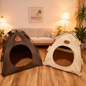 Foldable Pet Tent Indoor Bed with Double-sided Cushion for Cats Puppies Rabbits Guinea Pigs Hedgehogs and Other Small Animals Cat House Poodle Kitten Beige Brown Durable Outdoor Fabric Easy Assembly Storage