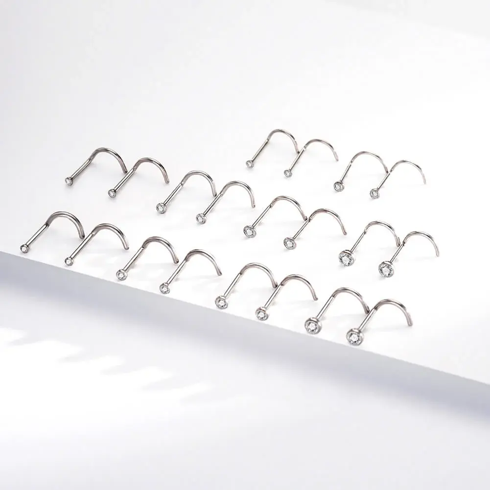 2PCS Titanium Screw CZ Nose Stud ASTM F-136 Titanium Non Tarnish Jewelry