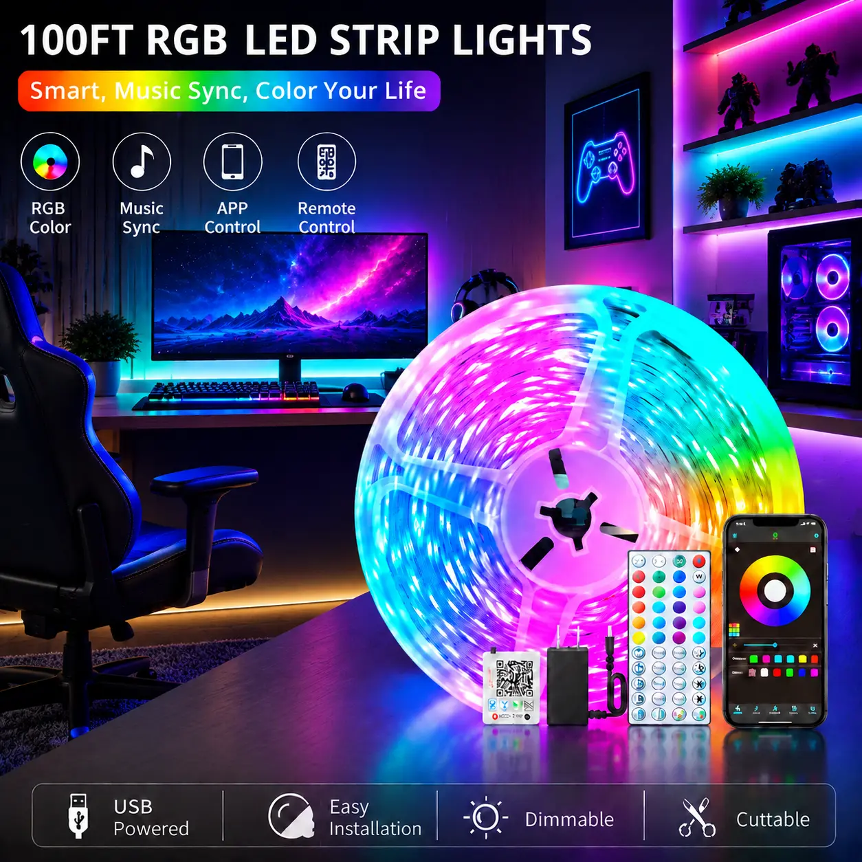 100ft Voice Control Smart RGB Colorful LED Strip Lights - Alexa & Google Assistant Compatible, Music Sync, Linkable LED Upgrade, Light Up Your Space, for Bedroom Decor