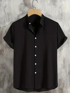 Men's Solid Plain Button Front Shirt, Casual Regular Fit Fitted Drop Shoulder Mock Neck Short Sleeve Top for Summer, Fashion Menswear Men's Clothes for Daily Wear