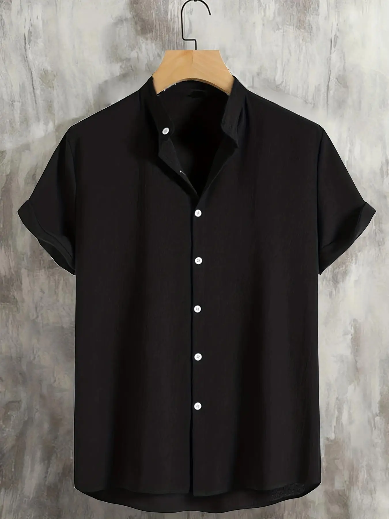 Men's Solid Button Front Shirt, Casual Regular Fit Drop Shoulder Mock Neck Short Sleeve Top for Summer, Fashion Men's Clothes for Daily Wear