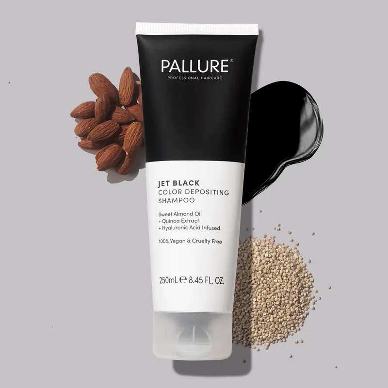 Pallure Jet Black Color Depositing Shampoo 250 ml with Sweet Almond Oil Quinoa Extract & Hyaluronic Acid Infused for Radiant Haircare Pigment
