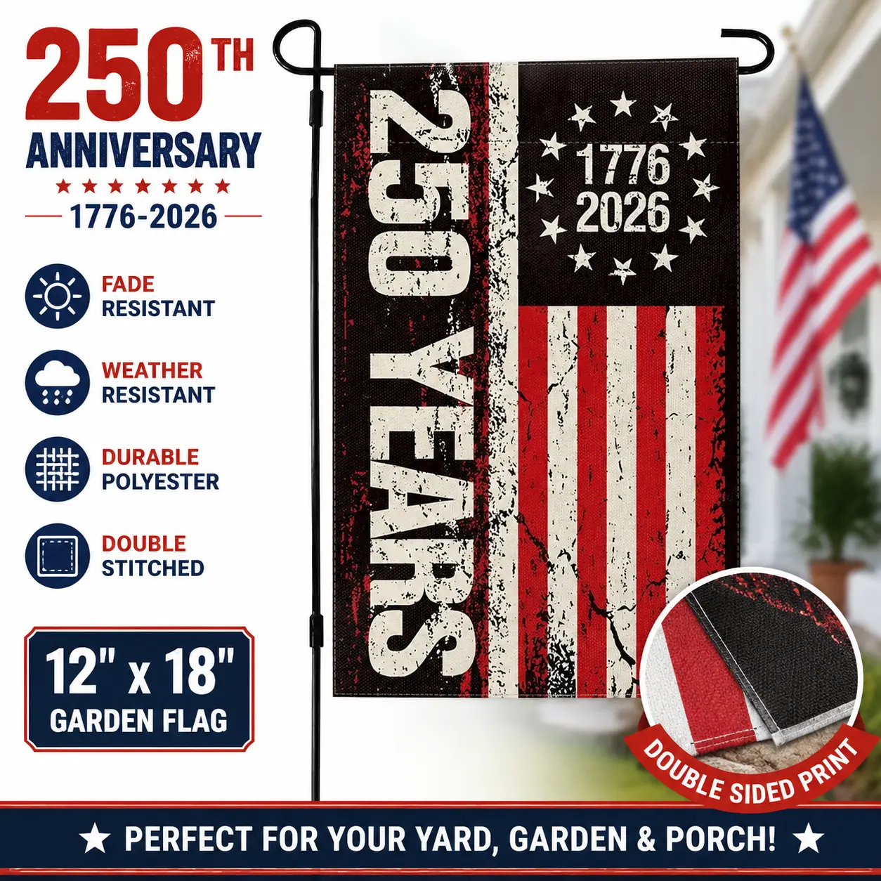 America 250th Anniversary Garden Flag 12x18 Inch | 1776–2026 Patriotic USA Yard Flag | Veterans Day & 4th of July Outdoor Porch Decoration fourth july decor