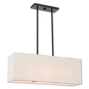 8 inch 3 Light English Bronze Linear Chandelier with Hand Crafted Oatmeal Color Fabric Outside & White Fabric Inside Hardback Shade