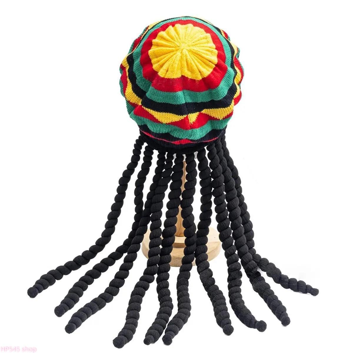 Reggae Style Jamaican Dreadlocks Knit Beret, Colorful Rainbow Braided Wool Wig Hat, Boho Festival Costume Accessory, Unisex Knitted Headwear For Men Women Halloween Party And Music Festival Outfits