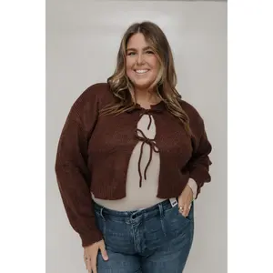 TIE FRONT CROPPED CARDIGAN IN UMBER BROWN