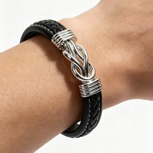 Men's Braided PU Leather Bracelet  Punk Silver Knot Magnetic Clasp Bangle | Engraved "to My Son" Infinity Love Bracelet Geometric Leather Cuff
