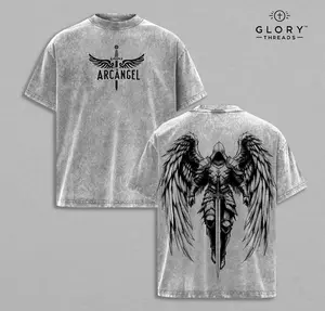 Arcangel Saint Michael T-Shirt Washed - Holy Warrior Angel Graphic Shirt, Sword and Wings Vintage Washed Top, Christian Gothic Streetwear Outfit Church - Gym Pump Cover Jesus Apparel
