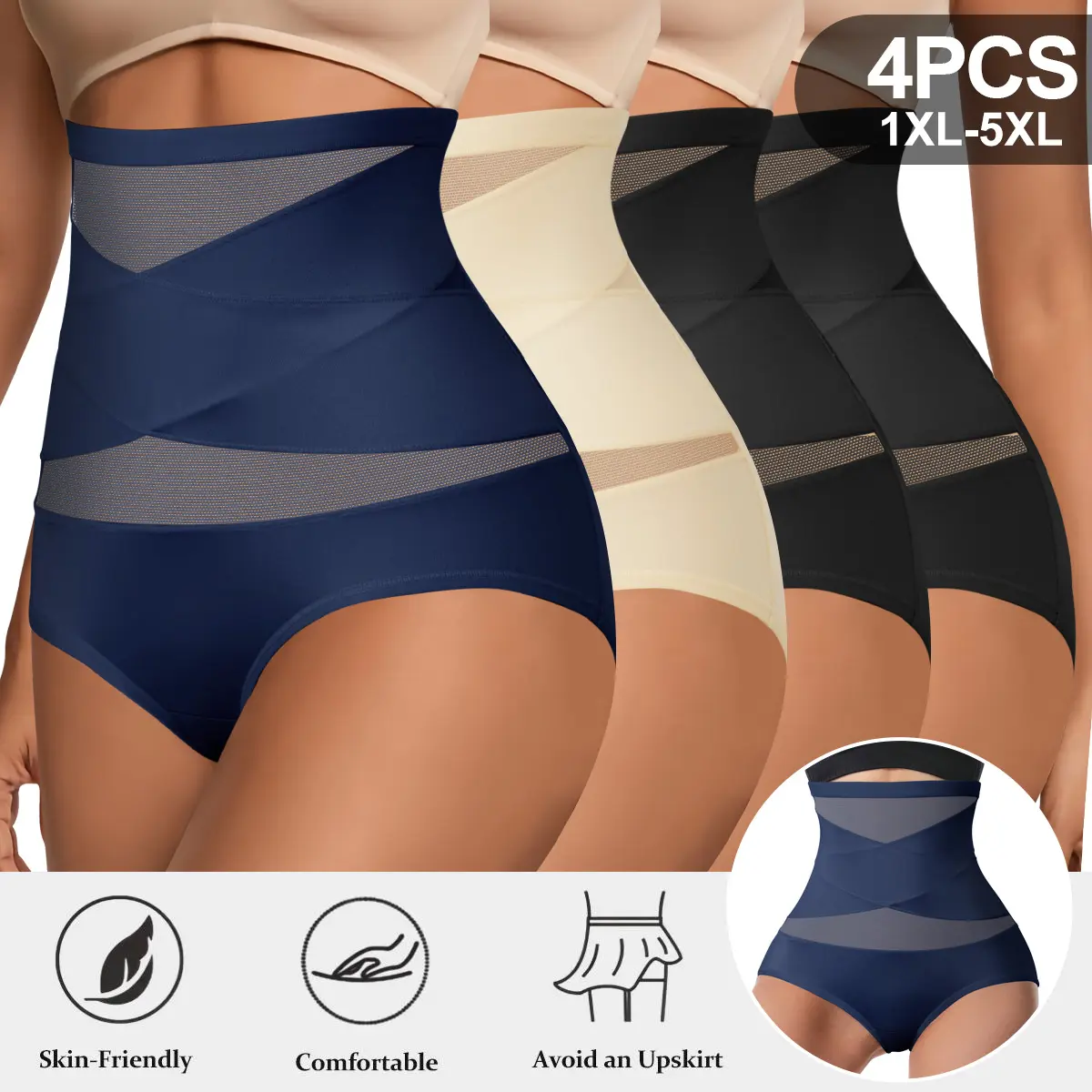 QUASTI Women's Plus-Size High-Waist Shapewear Underwear 4-Pack, Cross-Front Tummy Control Panties, Butt-Lifting Design, Elastane Fabric, Highly Elastic, Breathable Briefs, Skin-Friendly, Airy, Daily Wear, All-Season Wear Womenswear