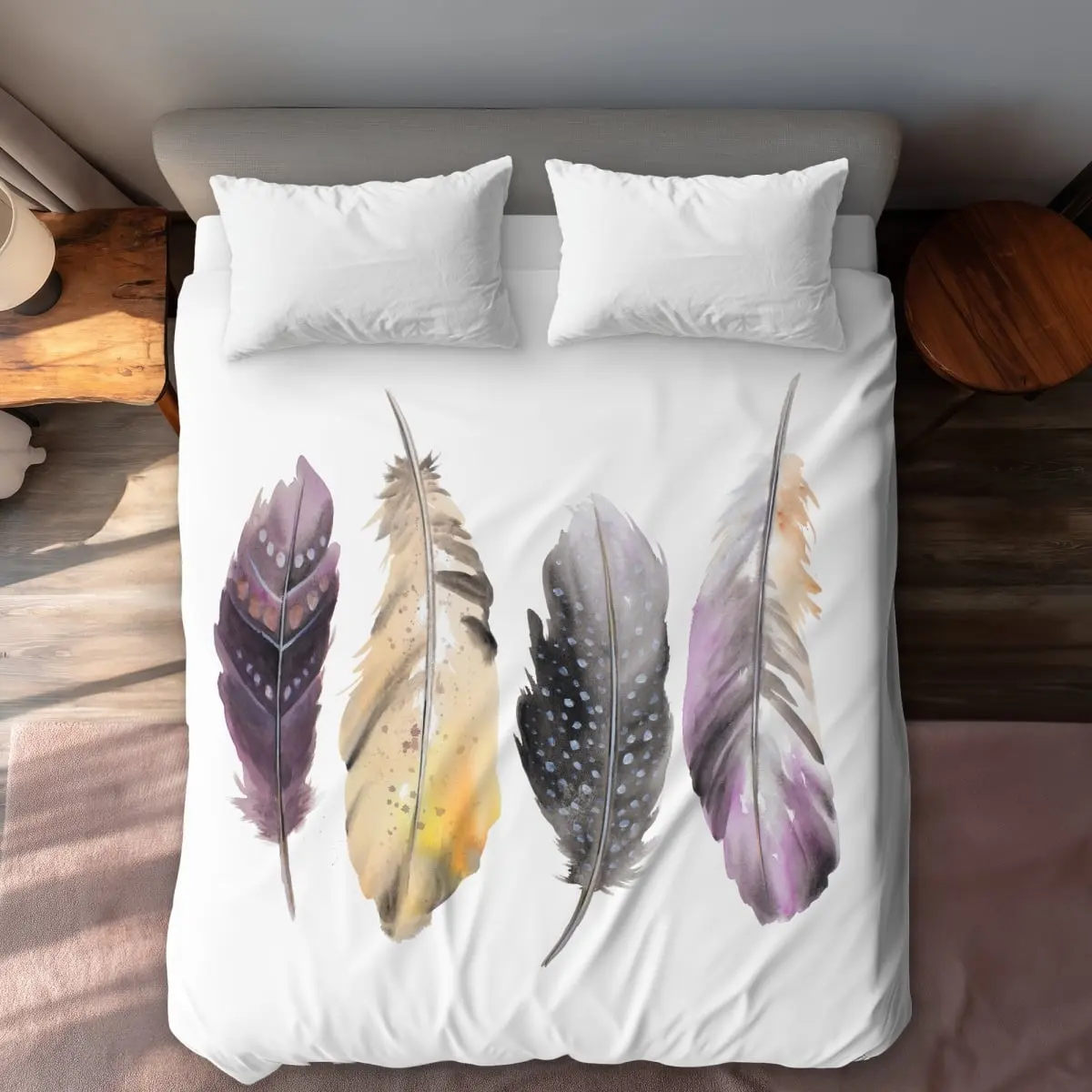 360 stand Queen Size Bohemian Feather Print Duvet Cover Set - Beige Microfiber Cloth, Breathable, Printed Face, for Living Room Use, Boho Bedding, Bedding Decor, Living Room Decor, Boho Bedroom, Living Room Decorations