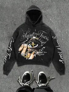 Oversized Y2K Vintage Washed Menswear Hoodie Gothic Style Hoodie Gothic Rock Hoodie Long Sleeve Men Women Graphic Print Graphic Sweatshirts Casual Streetwear Cyber-grunge Cross Gothic Letter Pullover Sweatshirt for Fall/Winter Daily Outfit