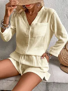 Two piece women's Basic casual rice white texture cotton linen set long sleeve shirt+drawstring shorts two-piece vacation casual loose suit, suitable for summer, suitable for home, indoor, outdoor wear Summer Matching Set
