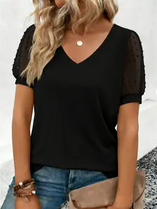 Plus Size Solid Color V-Neck Sheer Puff Sleeve Top Shirt – Casual Loose-Fit Polka Dot Mesh Sleeve Blouse, Trendy Daily Street Style Outfit, Summer Vacation Matching Jeans, Y2K Aesthetic Clothes, Office Work Wear