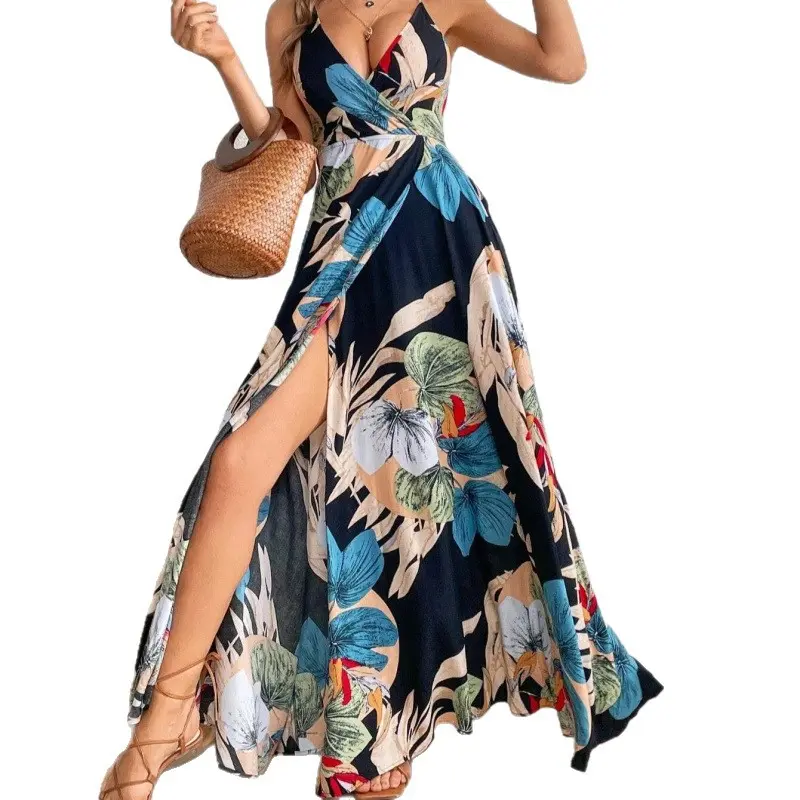 Women's Sexy Smocked Elastic Leaf Print Boho Outfits - Elegant Light Sheer Tropical Strappy Spaghetti-Strap V-Neck Backless High-Slit Breathable Maxi Dress, Casual Summer Beach Vacation Wear (Large) - TikTok Shop Women's Sexy Smocked Elastic Leaf Print Boho Outfits - Elegant Light Sheer Tropical Strappy Spaghetti-Strap V-Neck Backless High-Slit Breathable Maxi Dress, Casual Summer Beach Vacation Wear (Large) - TikTok Shop