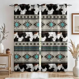 Western Navajo Geometric Print & Faux Cowhide Texture Blackout Curtain 2Pcs/Set, No-Hook Ring Design, Washable Polyester, Bedroom Living Room Heat Insulation, UV Protection, American Retro Style Home Decor