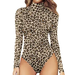 Women's casual base top long-sleeve tight-fitting jumpsuit leopard print bodysuit