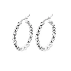 Stately Steel Stainless Steel Simulated Pearl Bead Hoop Earrings
