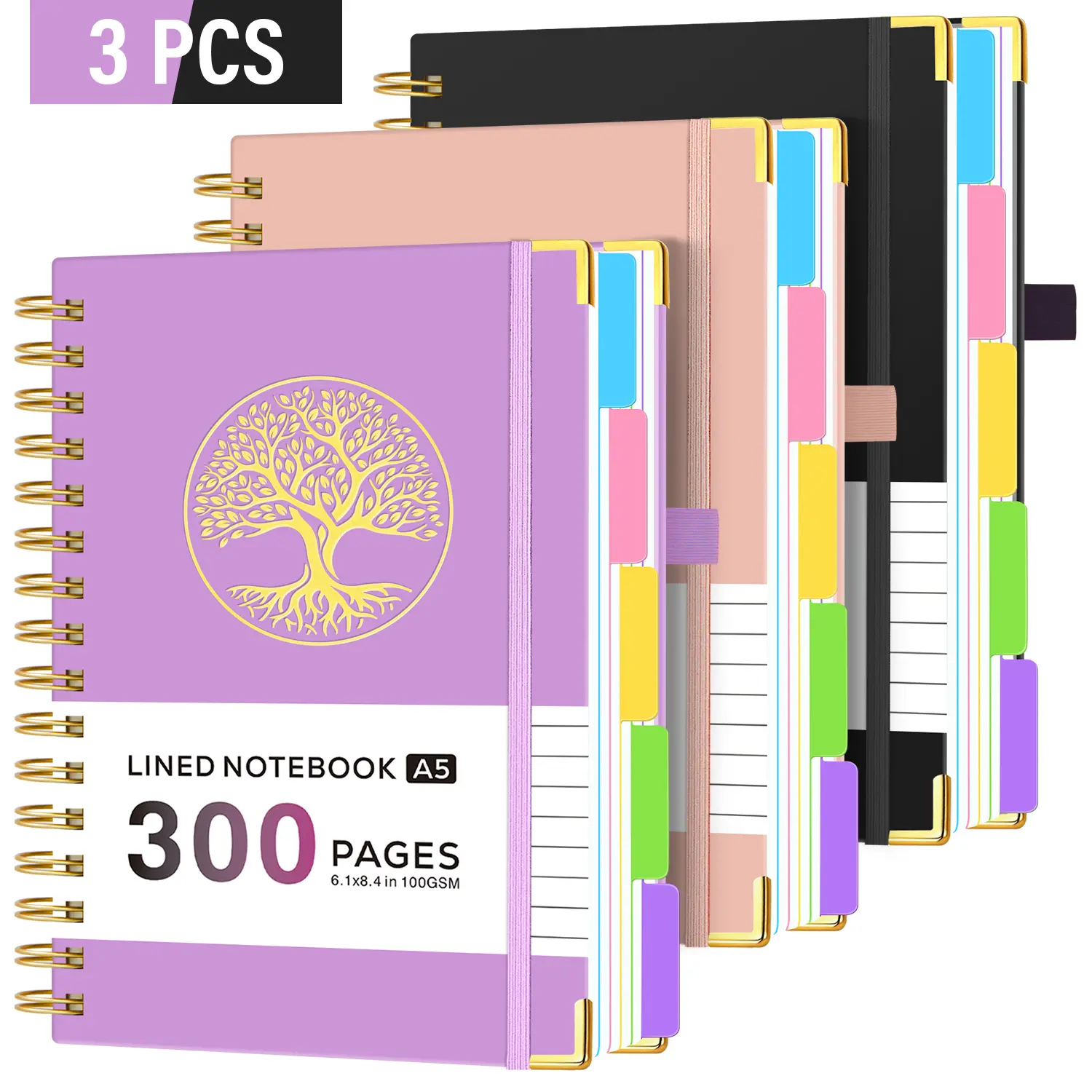 3 Pcs A5 Hardcover Spiral Lined Journal, 5 Subject Notebook College Ruled with Removable Dividers Tabs, 2 Stickers, 300 Pages 100GSM Thick Paper, No Bleed, Inner Pocket, Aesthetic Notebooks for Women/Men Writing, 6.1" X 8.4"