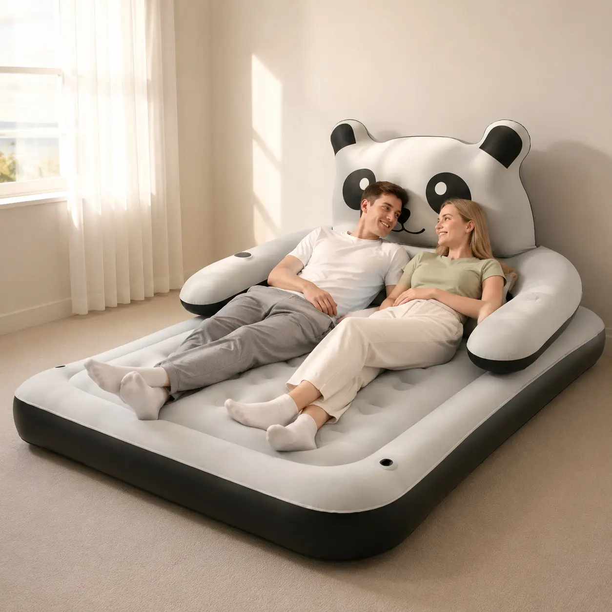 Panda Inflatable Bed with Backrest, Comfortable Air Mattress Lounge Chair for Adults & Kids, Portable Inflatable Sofa Bed with Ergonomic Headboard, Cozy Guest Bed for Bedroom, Living Room, Camping & Relaxation