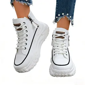 Women's High-Top Height-Increasing Sneakers - Thick-Soled Lace-Up Sneakers, EVA/Rubber Sole, Simple Round Toe Design, Casual Shoes Suitable for All Seasons, with Arch Support, Solid Color Design, Thick and Comfortable, Stable Height Increase.