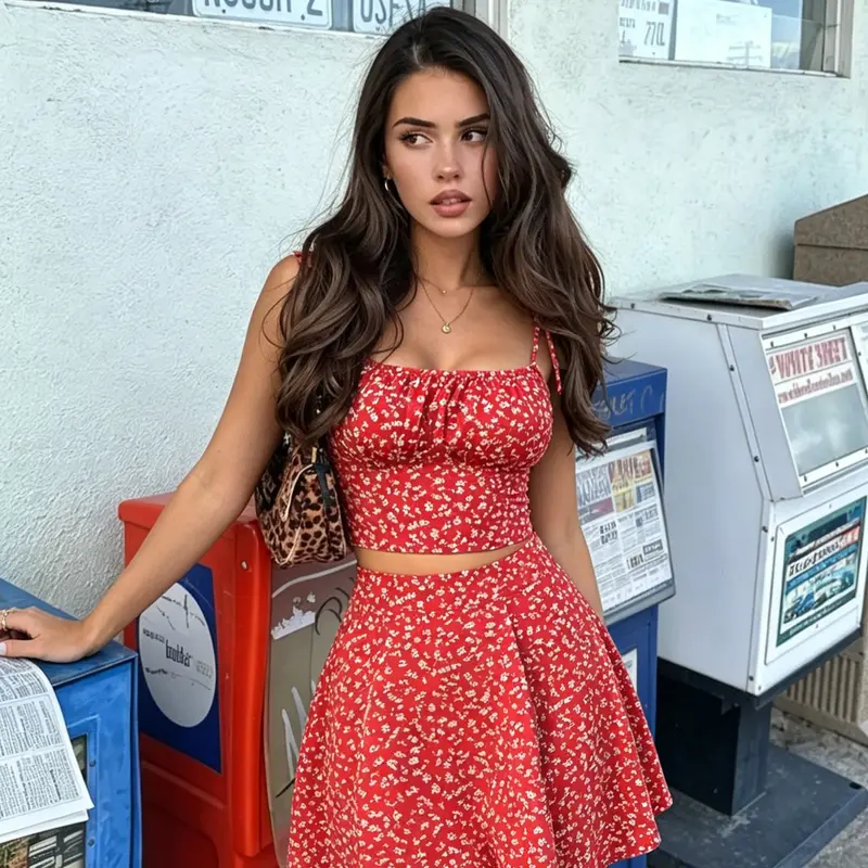 Romantic Ditsy Floral Tie Shoulder Cami Top & Short A-Line Skirt Set, Women, Lightweight, Perfect for Dates, Casual Summer Wear