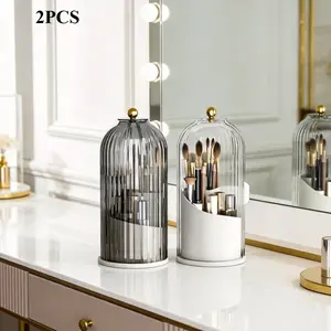 2 Pack Dustproof Rotating Cosmetic Organizer with Transparent Lid 360 Spinning Makeup Brush Storage Multi Compartment Desktop Organizer for Toothbrush Cosmetics