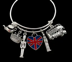 London Charm Bracelet – Adjustable Silver Bangle with UK Charms, Big Ben, Union Jack Heart, Double-Decker Bus & Tea Pot