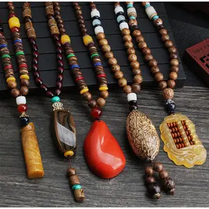 Fashion Vintage Style Feather Elephant Wood Beaded Stone Pendant Statement Necklace Nepal Women Men Jewelry