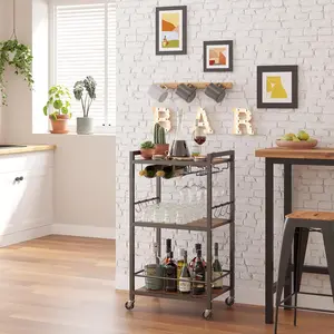 Drink Cart, Home Bar Serving Cart, Microwave Cart, Drink Cart, Mobile Kitchen Shelf with Wine Rack and Glass Holder, Rolling Beverage Cart for Living Room, Kitchen, Brown
