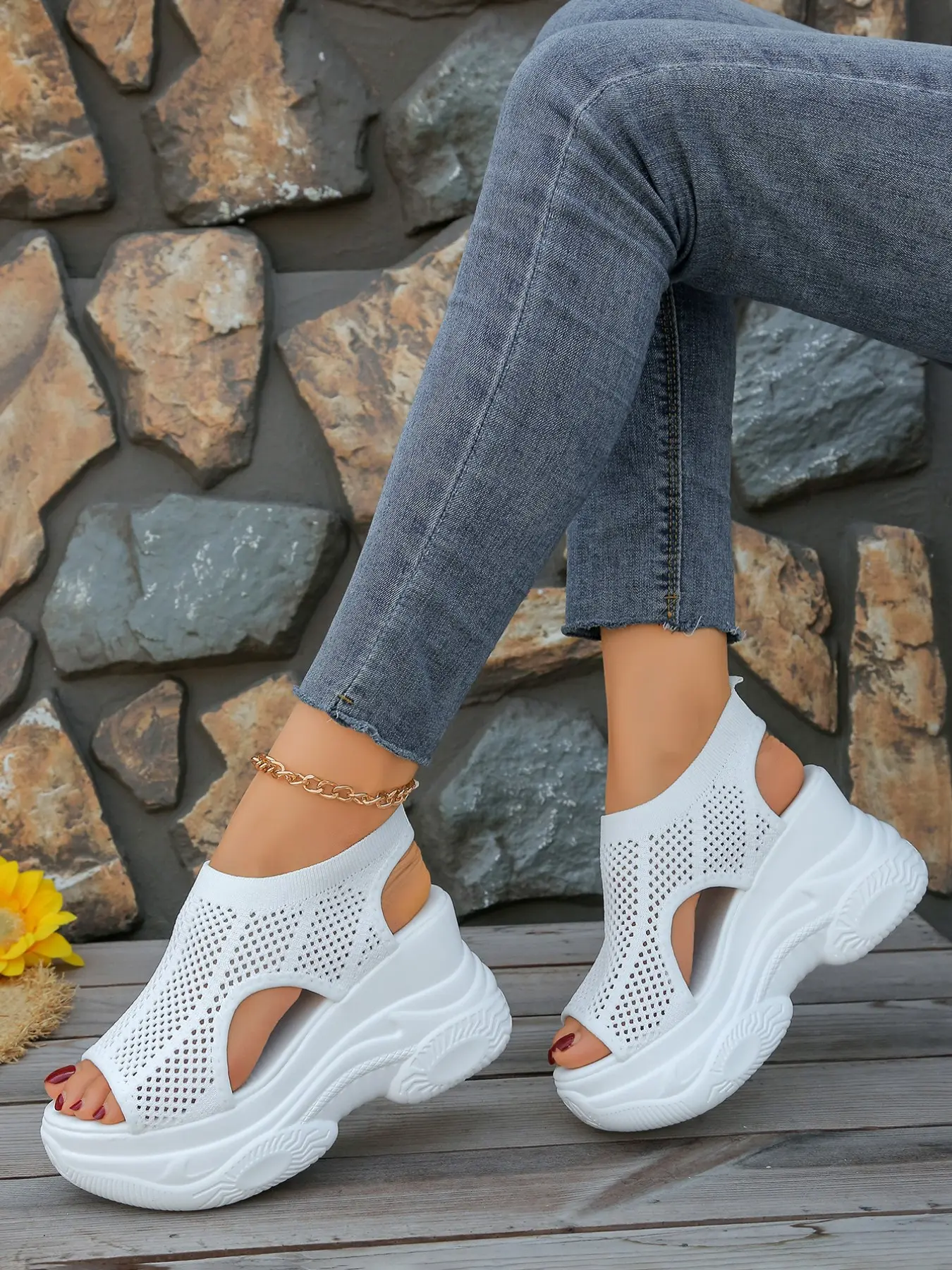 3-color women's wedge heel thick soled sandals, breathable knitted upper, comfortable non slip sole, casual beach sandals, fashionable daily wear shoes, Fashionable Footwear, Design, Summer, Chunky Heeled Sandals