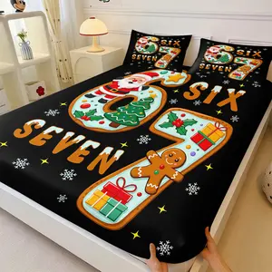 3Pcs Festive Christmas Fitted Sheet Set, Gingerbread Cookie Design with Santa & Christmas Tree, Cozy and Durable Bedding for Holiday Decor, Perfect for a Merry Sleep this Winter, No Pillow Core, Decorative Bedsheet Sets