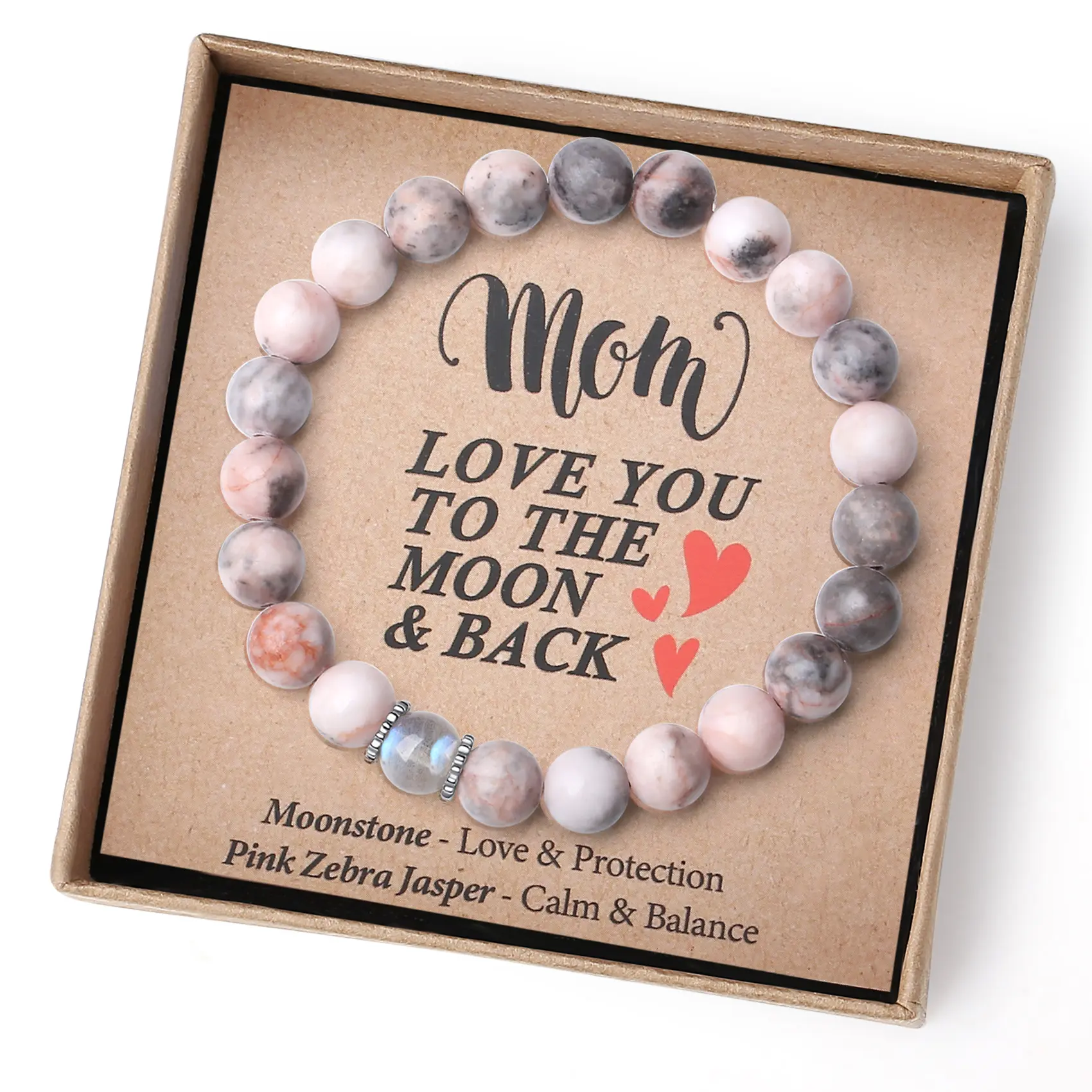 THEMEROL Handmade Personalized Solid Moonstone Bracelet - Women's Mom Gifts for Birthday, Balance, Calm, Inspirational Protection, Thanksgiving Presents from Daughter/Son, Holiday Basket Stuffers, Love