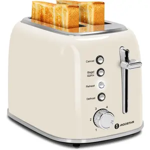 Retro Cream White Stainless Steel Toaster Extra-Wide Slot Cancel Defrost 6 Browning Settings Removable Crumb Tray Ideal for Bagels Breads Waffles