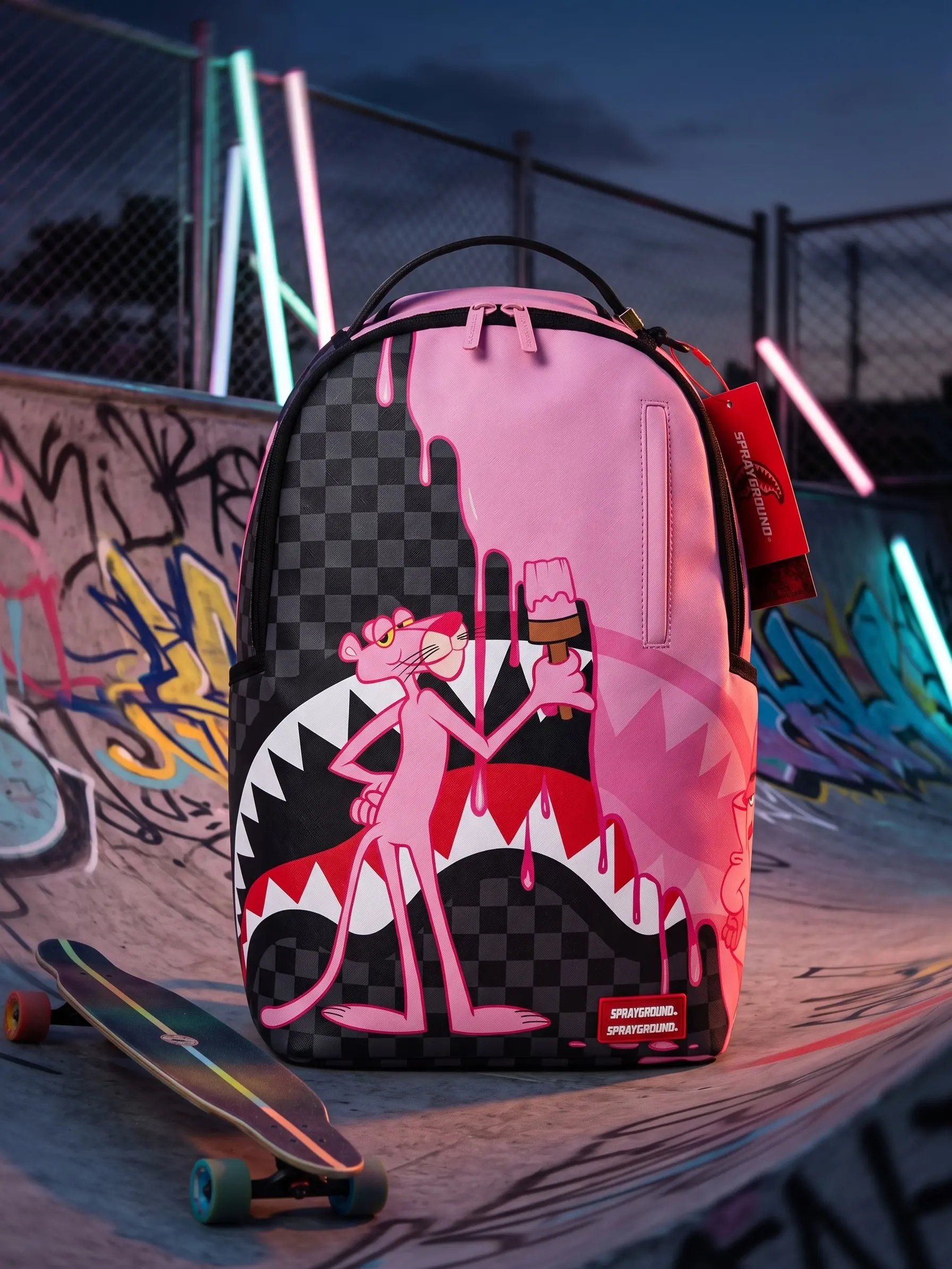 SG Shark-Mouth Checkerboard Drip Print Backpack, Pink Panther 15.6-inch Spacious Laptop Bag, Streetwear Gym Daypack for Teens
