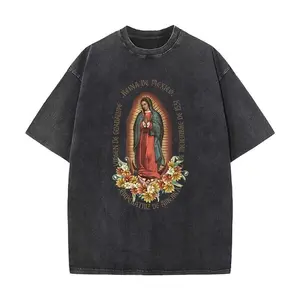 Washed Pure Cotton T-Shirt, Men'S Casual Fashion, With Dark 'VIRGEN DE GUADALUPE' And Religious Figure Prints, Outdoor Sports T-Shirt |     Loose Fit |     Soft Knitted T-Shirt