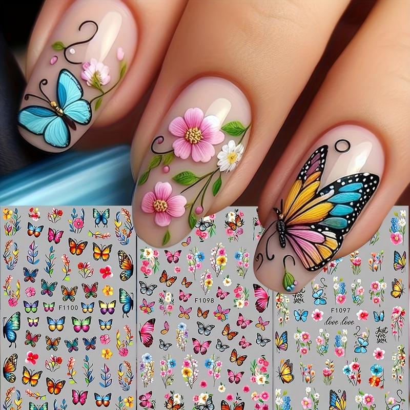 Women DIY Nail Art Decoration Accessories, Self-Adhesive Rose Butterfly Flower Cluster Nails, Spring Summer Seasonal Design