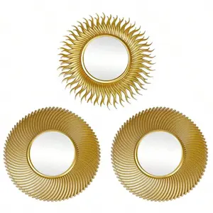 Gold Decorative Mirror Set 3Pcs, Metal Frame Sunflower Design, Wall-Mounted for Entryway, Living Room, Bedroom