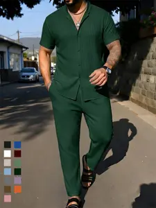 Men's Casual Solid Color Textured Short Sleeve Shirt and Elastic Waist Loose Straight Pants Set, Comfortable Breathable Fabric for Summer