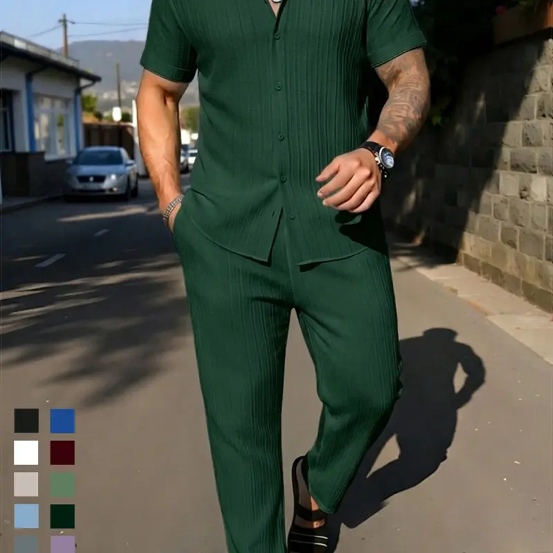 Men's Casual Solid-Color Textured Short-Sleeve Shirt & Elastic-Waist Straight-Leg Pants Set, Matching Sets, Comfortable & Breathable Summer Outfit