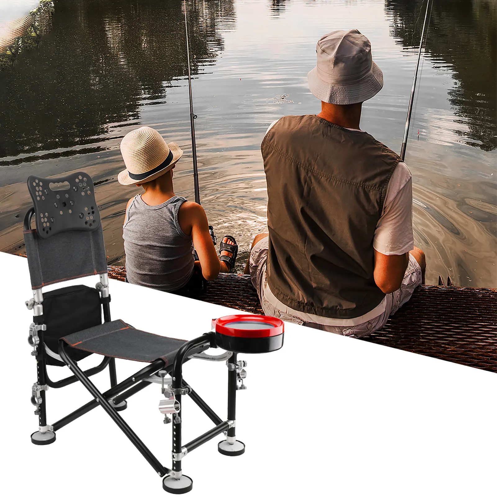 Explorinox Folding Fishing Chair with 13-Gear Rise-Fall Adjustment, 21cm Adjustable Range, Backrest, Rod Holder – Ideal Fisherman Gift for Camping & Outdoor Use
