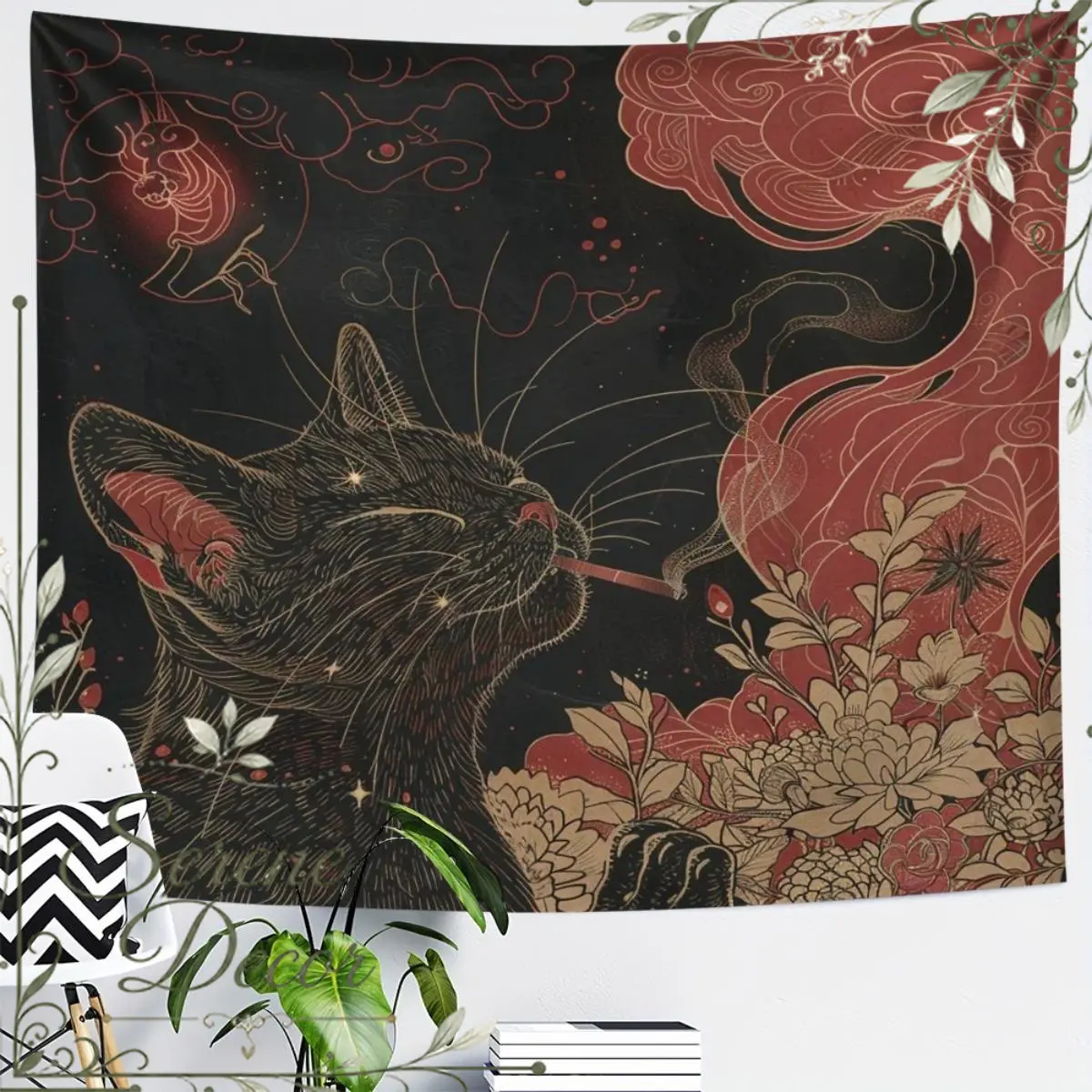 Black Cat Smoking Flower Pattern tapestry under the moon, interesting Lightweight Decoration wall hanging, dopamine art tapestry, suitable for living room, bedroom, college dorm, trippy room decor, creative gift Decorative Backdrop bedroom decor tapestry